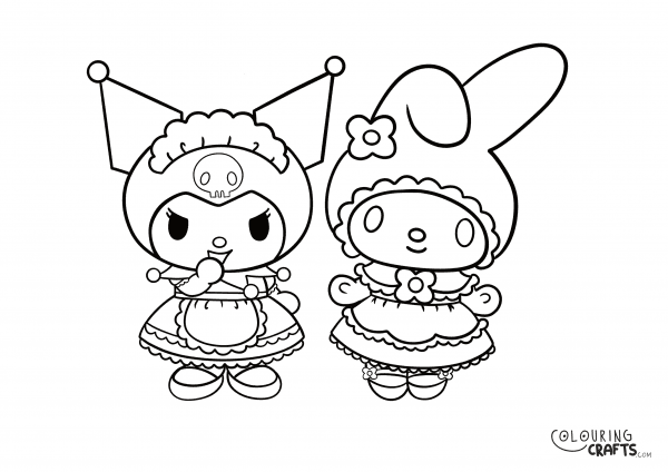 A drawing of Kuromi And My Melody from Hello Kitty with a plain background to print and colour for free.
